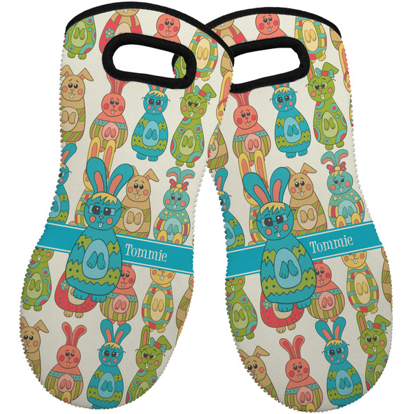Custom Fun Easter Bunnies Neoprene Oven Mitts - Set of 2 w/ Name or Text