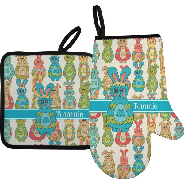 Custom Fun Easter Bunnies Right Oven Mitt & Pot Holder Set w/ Name or Text