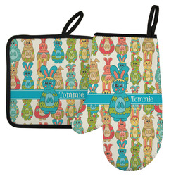 Fun Easter Bunnies Left Oven Mitt & Pot Holder Set w/ Name or Text