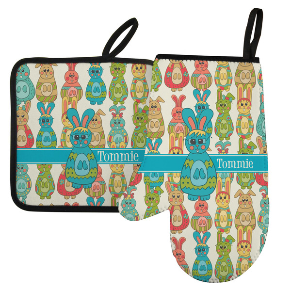Custom Fun Easter Bunnies Left Oven Mitt & Pot Holder Set w/ Name or Text