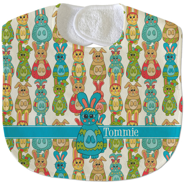 Custom Fun Easter Bunnies Velour Baby Bib w/ Name or Text