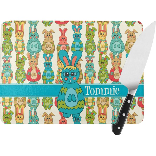 Custom Fun Easter Bunnies Rectangular Glass Cutting Board (Personalized)