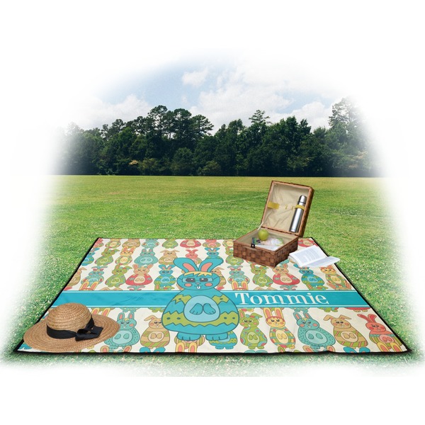 Fun Easter Bunnies Picnic Blanket - with Basket Hat and Book - in Use