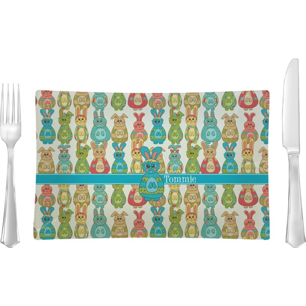 Custom Fun Easter Bunnies Glass Rectangular Lunch / Dinner Plate (Personalized)