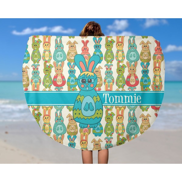 Fun Easter Bunnies Round Beach Towel - In Use