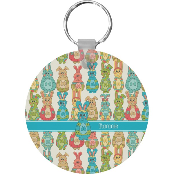 Custom Fun Easter Bunnies Round Plastic Keychain (Personalized)