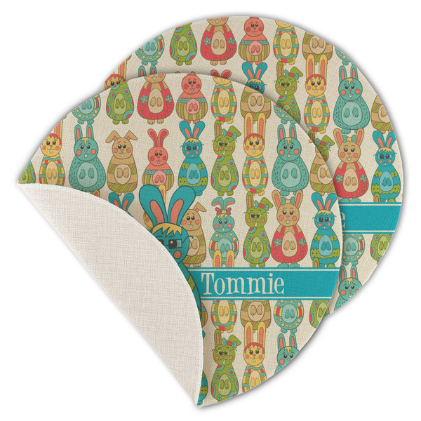Custom Fun Easter Bunnies Round Linen Placemat - Single Sided - Set of 4 (Personalized)