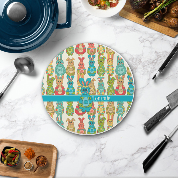 Fun Easter Bunnies Round Stone Trivet - In Context View