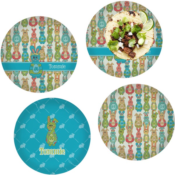 Custom Fun Easter Bunnies Set of 4 Glass Lunch / Dinner Plate 10" (Personalized)