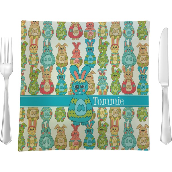 Custom Fun Easter Bunnies 9.5" Glass Square Lunch / Dinner Plate- Single or Set of 4 (Personalized)
