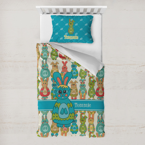 Custom Fun Easter Bunnies Toddler Bedding Set - With Pillowcase (Personalized)