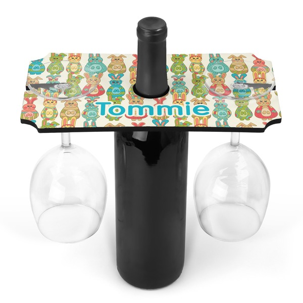 Custom Fun Easter Bunnies Wine Bottle & Glass Holder (Personalized)