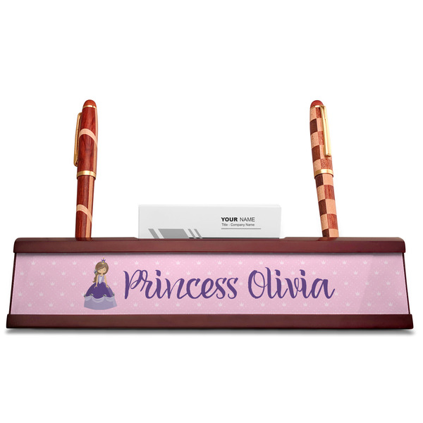 Custom Princess Red Mahogany Nameplates with Business Card Holder - Straight