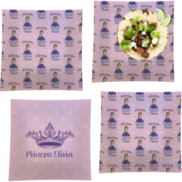 Custom Custom Princess Set of 4 Glass Square Lunch / Dinner Plate 9.5" (Personalized)