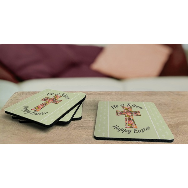 Easter Cross Coaster Rubber Back - On Coffee Table