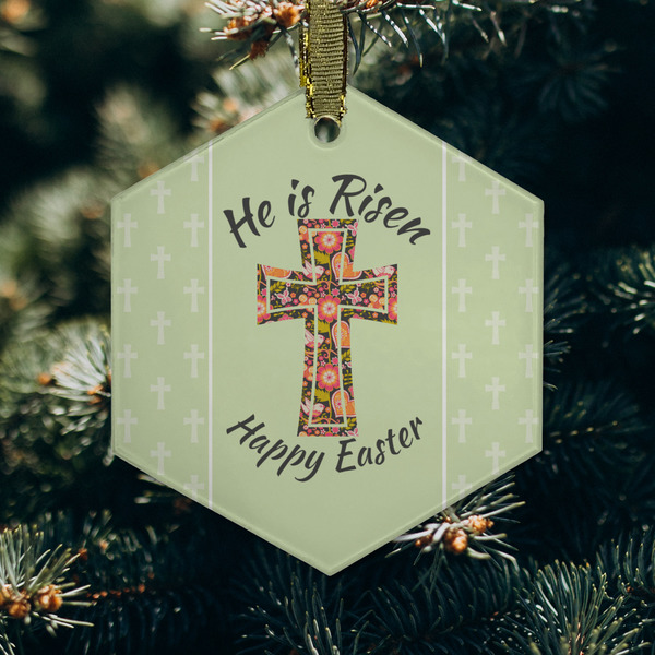 Easter Cross Frosted Glass Ornament - Hexagon (Lifestyle)