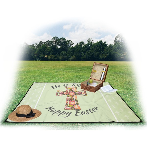 Easter Cross Picnic Blanket - with Basket Hat and Book - in Use