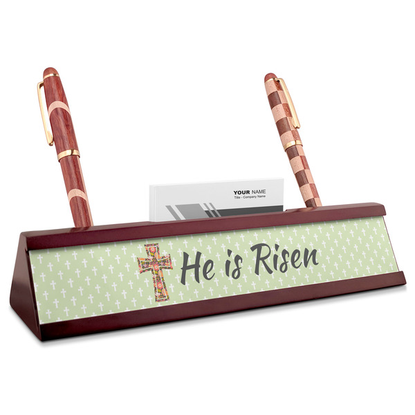 Custom Easter Cross Red Mahogany Nameplate with Business Card Holder