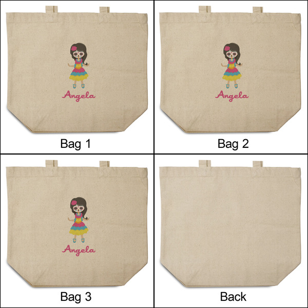 Kids Sugar Skulls 3 Reusable Cotton Grocery Bags - Front & Back View