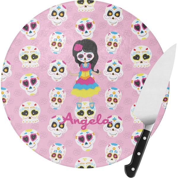 Custom Kids Sugar Skulls Round Glass Cutting Board - Small (Personalized)