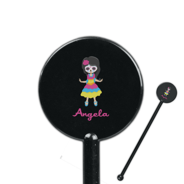 Custom Kids Sugar Skulls 5.5" Round Plastic Stir Sticks - Black - Single Sided (Personalized)