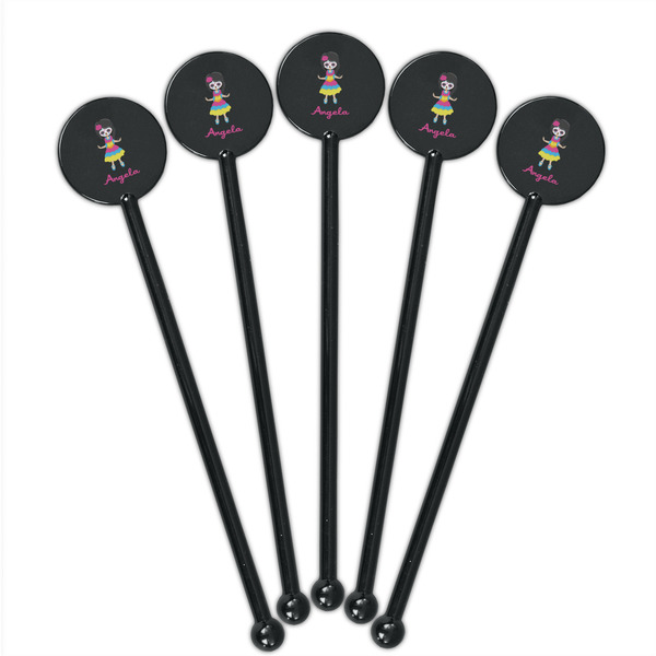 Kids Sugar Skulls Black Plastic 5.5" Stir Stick - Round - Fan View