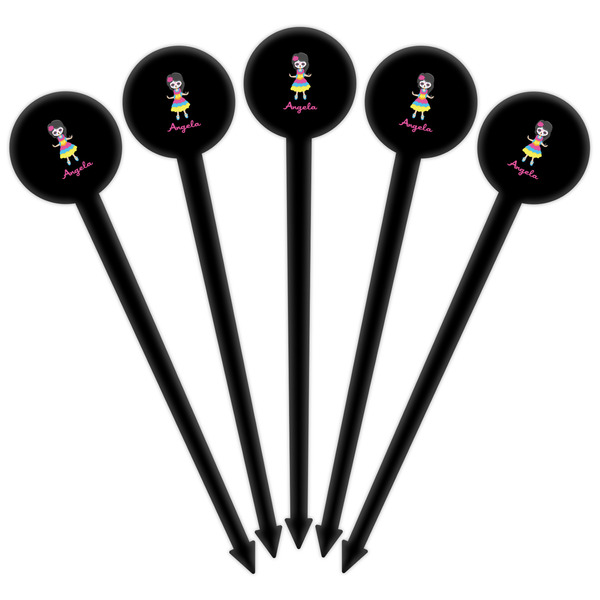 Kids Sugar Skulls Black Plastic 6" Food Pick - Round - Fan View