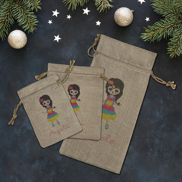 Kids Sugar Skulls Burlap Gift Bags - LIFESTYLE (Flat lay)