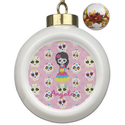 Kids Sugar Skulls Ceramic Ball Ornaments - Poinsettia Garland (Personalized)