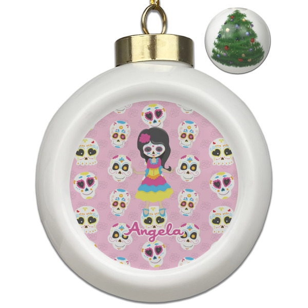 Custom Kids Sugar Skulls Ceramic Ball Ornament - Christmas Tree (Personalized)