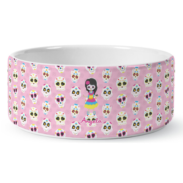 Custom Kids Sugar Skulls Ceramic Dog Bowl (Personalized)