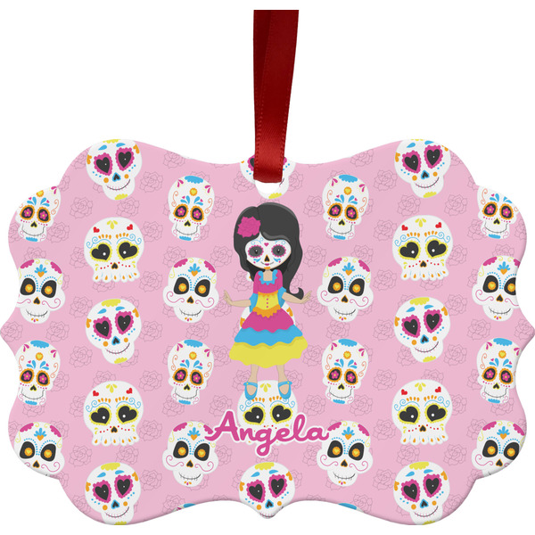 Custom Kids Sugar Skulls Metal Frame Ornament - Double Sided w/ Name or Text