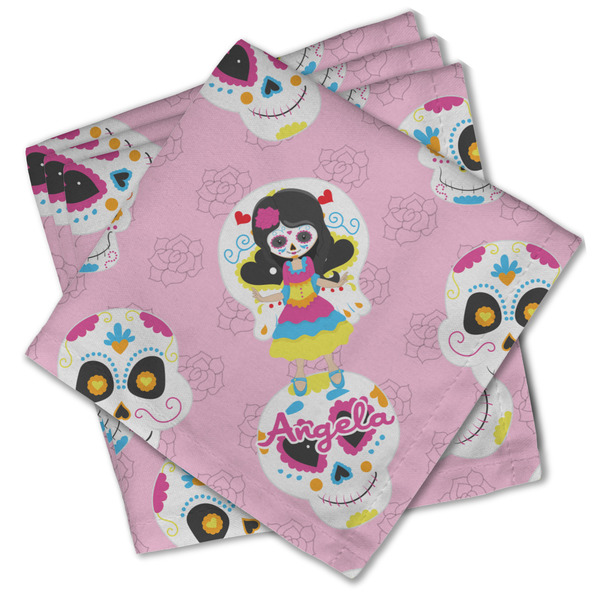 Custom Kids Sugar Skulls Cloth Cocktail Napkins - Set of 4 w/ Name or Text
