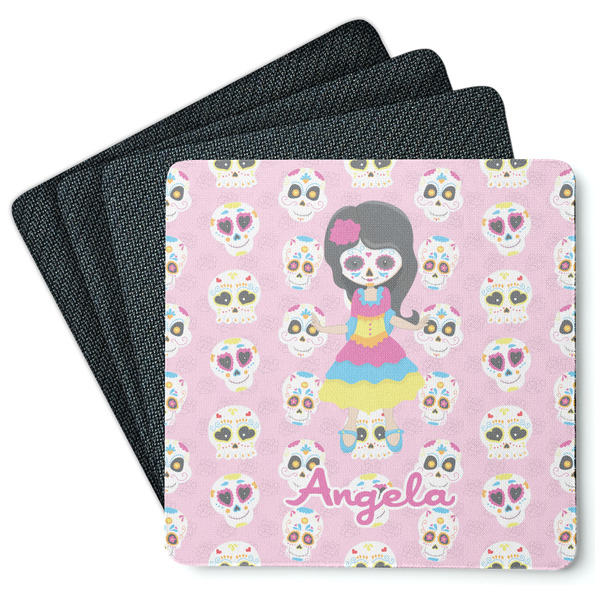 Custom Kids Sugar Skulls Square Rubber Backed Coasters - Set of 4 (Personalized)