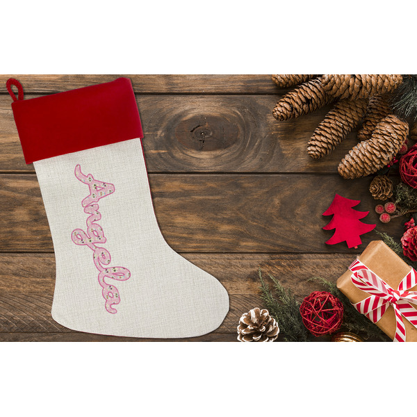 Kids Sugar Skulls Linen Stocking w/Red Cuff - Flat Lay (LIFESTYLE)