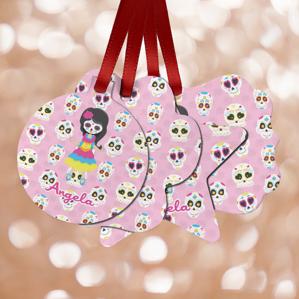 Custom Kids Sugar Skulls Metal Ornaments - Double Sided w/ Name or Text