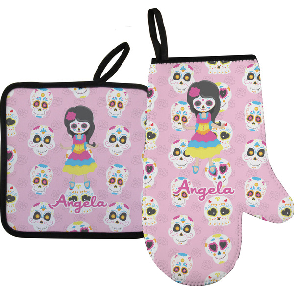 Custom Kids Sugar Skulls Right Oven Mitt & Pot Holder Set w/ Name or Text