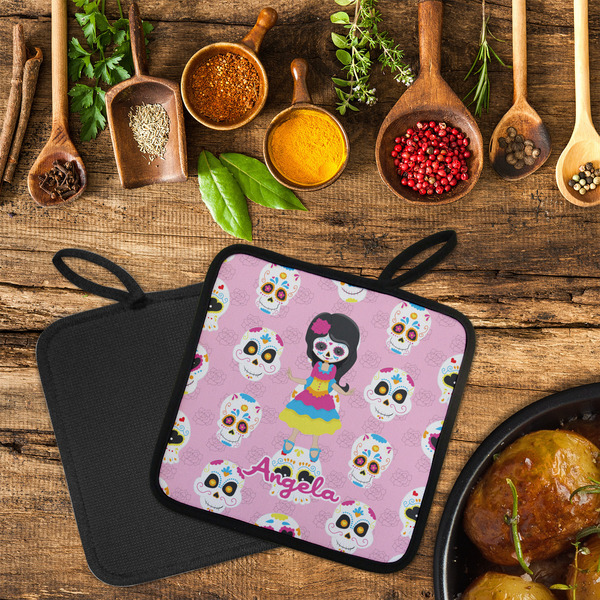 Kids Sugar Skulls Neoprene Pot Holder - Set of 2  LIFESTYLE (Flatlay)
