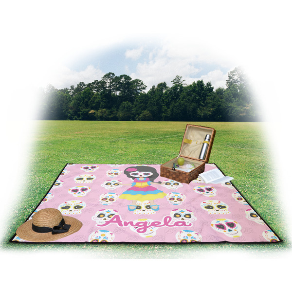 Kids Sugar Skulls Picnic Blanket - with Basket Hat and Book - in Use
