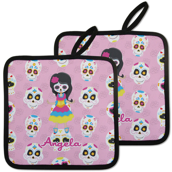 Custom Kids Sugar Skulls Pot Holders - Set of 2 w/ Name or Text