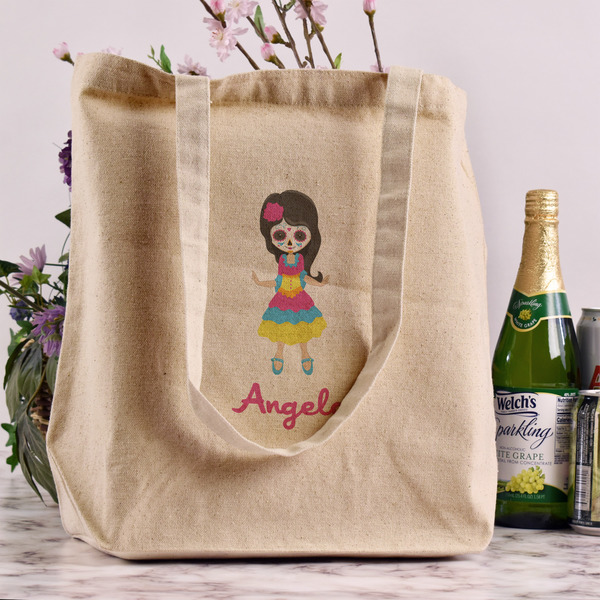 Kids Sugar Skulls Reusable Cotton Grocery Bag - In Context