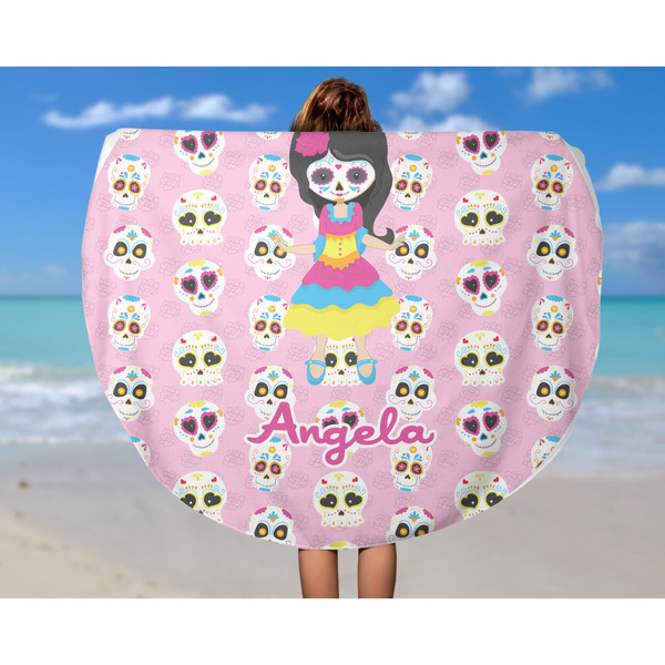 Kids Sugar Skulls Round Beach Towel - In Use