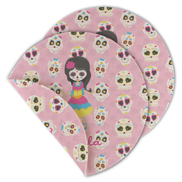 Custom Kids Sugar Skulls Round Linen Placemat - Double Sided - Set of 4 (Personalized)