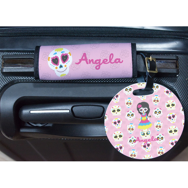 Kids Sugar Skulls Round Luggage Tag & Handle Wrap - In Context