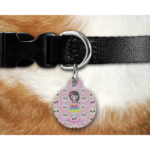 Kids Sugar Skulls Round Pet Tag on Collar & Dog