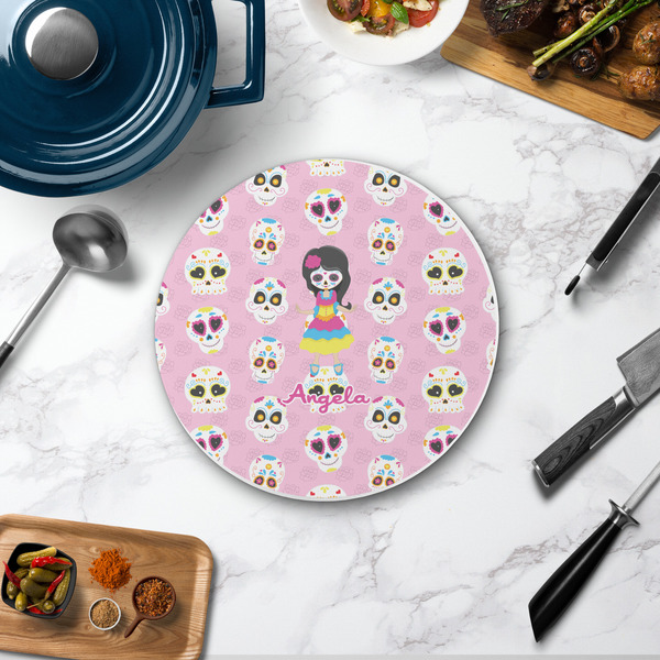 Kids Sugar Skulls Round Stone Trivet - In Context View