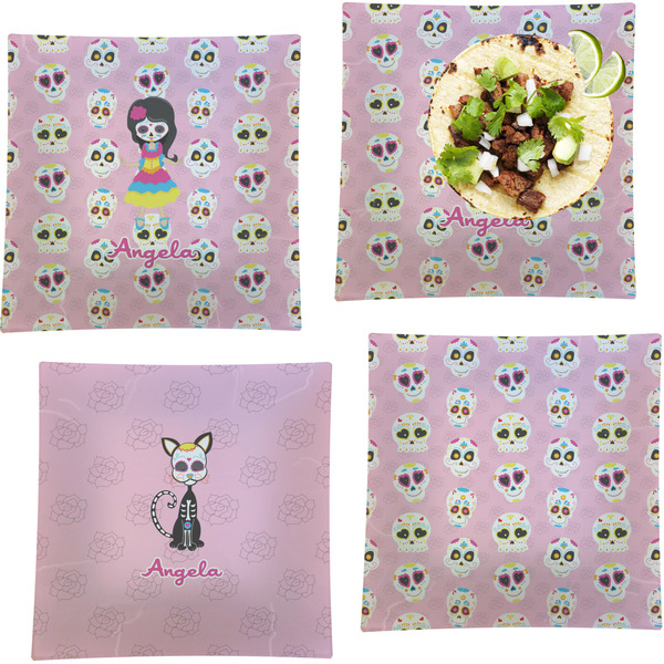 Custom Kids Sugar Skulls Set of 4 Glass Square Lunch / Dinner Plate 9.5" (Personalized)