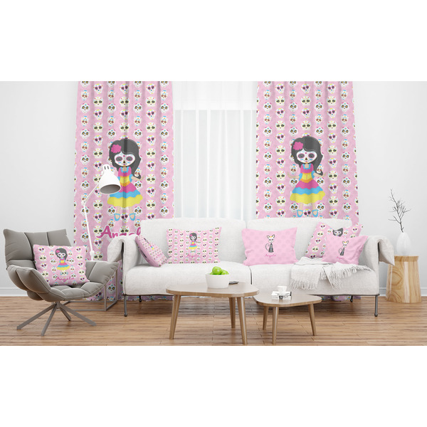 Kids Sugar Skulls Sheer and Custom Curtains in Room with Matching Pillows
