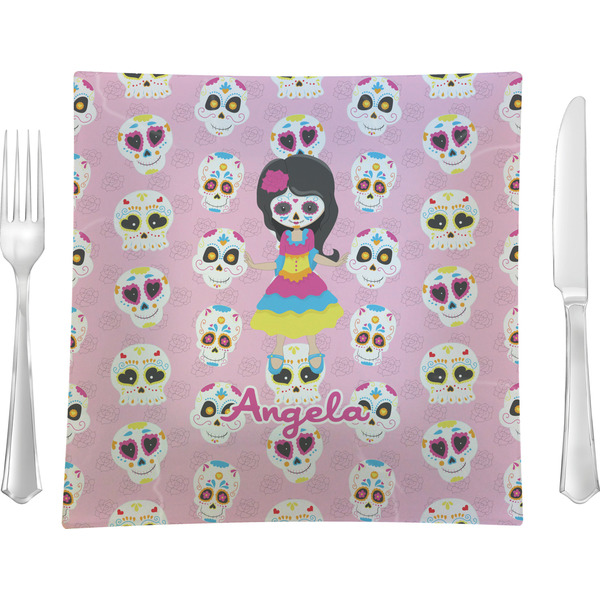 Custom Kids Sugar Skulls Glass Square Lunch / Dinner Plate 9.5" (Personalized)