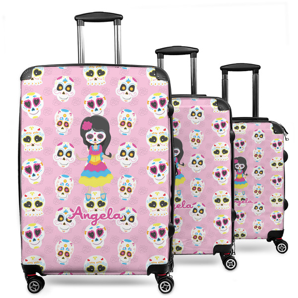 Custom Kids Sugar Skulls 3 Piece Luggage Set - 20" Carry On, 24" Medium Checked, 28" Large Checked (Personalized)